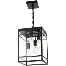 Large Outdoor Pendant Light for Porch, Black Outdoor Hanging Light Fixture with Seeded Glass Panel