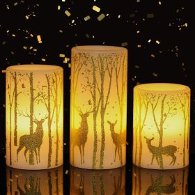 Flickering Flameless Candles Battery Operated with 6 Hours Timer, Real Wax Led Pillar Candles Deer Decal Warm Light, Pack of 3 Christmas Home Decor