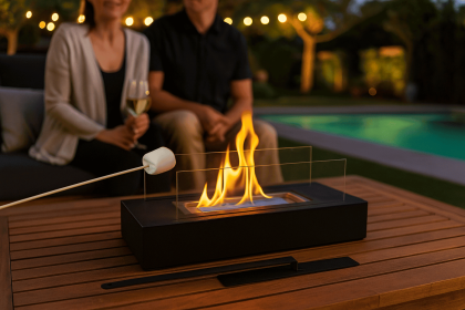 Tabletop Fireplace With Smores Tools