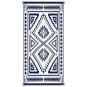Reversible Outdoor Rug, Waterproof Plastic Straw With Carry Bag, 9 X 18, Blue & White Square Patchwork (Color: Blue)