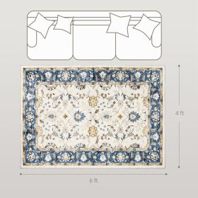 Machine Washable Area Rug 4x6, Non-Slip Boho Floral Print Floor Carpet For Living Room, Bedroom, Dining Room, Blue (Color: Blue)