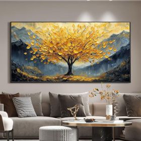 Large Original Golden Tree Oil Painting on Canvas, Custom Wall Art, Abstract Tree of Life Wall Art, Boho Wall Décor, Living Room Home Decor (Style: 01, size: 140x280cm)