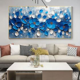 Original Blue Floral Oil Painting On Canvas Large Wall Art Abstract 3d Flower Wall Decor Custom Painting Minimalist Living Room Decor (Style: 01, size: 80x160cm)