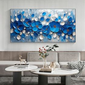 Original Blue Floral Oil Painting On Canvas Large Wall Art Abstract 3d Flower Wall Decor Custom Painting Minimalist Living Room Decor (Style: 01, size: 100x200cm)