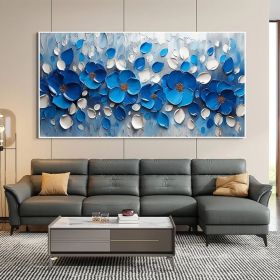 Original Blue Floral Oil Painting On Canvas Large Wall Art Abstract 3d Flower Wall Decor Custom Painting Minimalist Living Room Decor (Style: 01, size: 120x240cm)