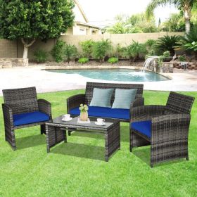 4 Pieces Patio Rattan Furniture Set with Glass Table and Loveseat (Color: Navy)