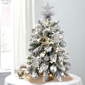 22in Mini Christmas Tree with Light Artificial Small Tabletop Woodland Christmas Decoration with Flocked Snow;  Exquisite Decor & Xmas Ornaments (Style: Silver)