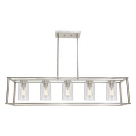 Lighting 5-Light Dining Room Light Modern Pendant Lighting for Kitchen Island with Clear Glass Shade Linear Cage Chandelier Hanging Ceiling Light (Color: Brushed Nickel)