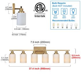Bathroom Light Fixtures Brushed Brass 6-Light Bathroom Vanity Light, Modern Bathroom Lights Over Mirror with Milky White Glass Shade (Color: Brass, Numbers of Light: 6-Light)