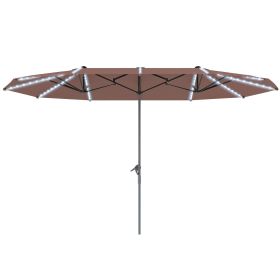 15ft Double-Sided Outdoor Umbrella With Solar Lights,  Extra Large Aluminum Patio Umbrella With Crank, Tan (Option: Tan)